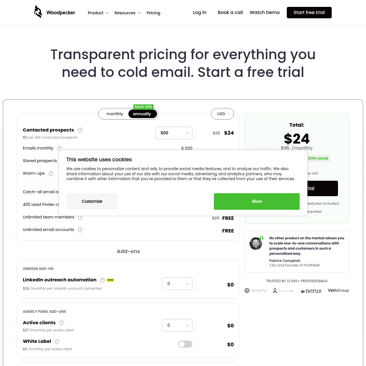 Woodpecker pricing page